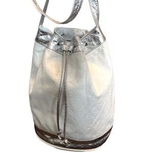 That’s my bag White Leather Bucket Bag with Metallic Silver Trim Drawstring